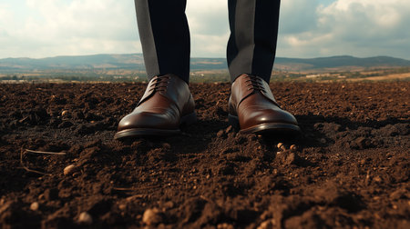 business shoes of a businessman standing on agricultural soil in Kibbutz Kfar Baruch, Israel.の素材