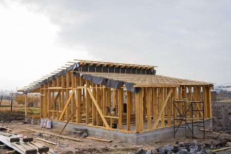 Construction works, building a house with woodの写真素材