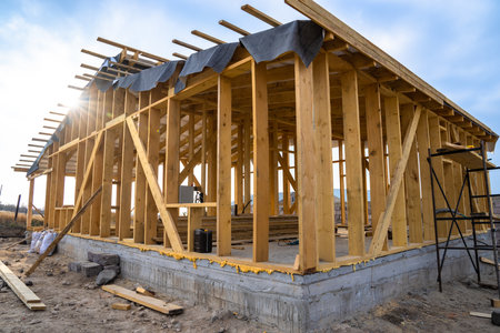 Construction works, building a house with woodの写真素材