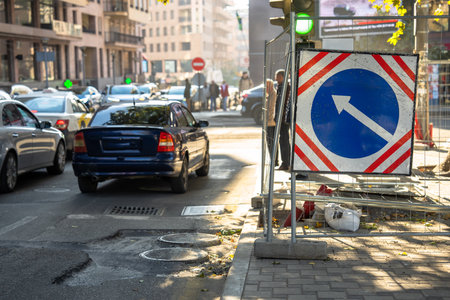 Warning signs for asphalt paving worksの写真素材