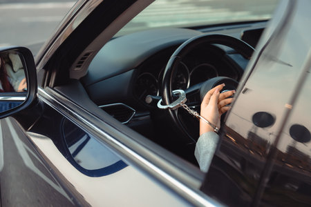 Female driver's hand handcuffed to the steering wheelの写真素材
