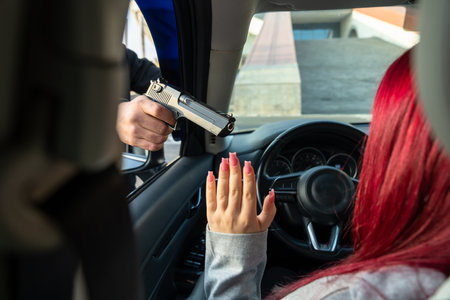 Kidnapping attempt from a car, masked criminal points a gun at the driverの写真素材