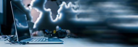 Working room, office atmosphere, notebooks on table, business conceptの写真素材