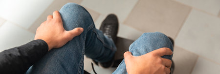 Man in wheelchair holding his legs, disabled person, feeling pain, stock photoの写真素材