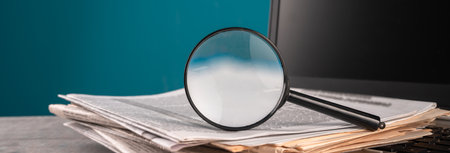 Newspapers on laptop and magnifying glass, news, information concept, mediaの写真素材