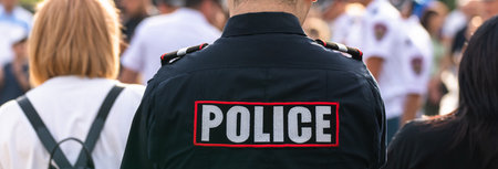 During demonstrations, a policeman with his back to the crowd