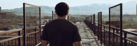 Man crossing old iron bridge, new road, psychological concept