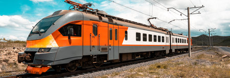 train on railway track in nature, travel conceptの写真素材
