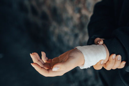 Woman attempted suicide, veins in arm bandagedの写真素材