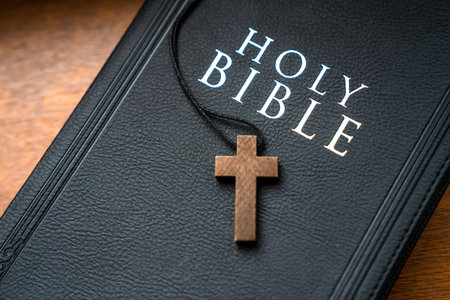 Bible and wooden cross, faith conceptの写真素材