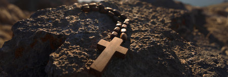 Wooden cross necklace on stone, mountain scene