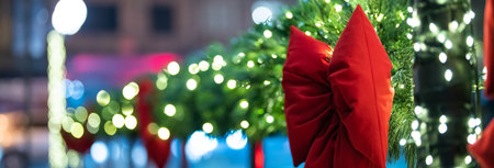 The city's New Year's decorations with bows and lights, New Year's mood in the city