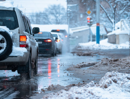 Snowmelt and Drainage Issues Causing Traffic Disruptions and Road Hazards.の写真素材