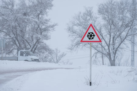 Warning Sign for First Snow and Driving in Fog with Reduced Visibility and Slippery Roads.の写真素材