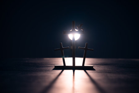 Three Wooden Crosses in Light: Symbol of Resurrectionの写真素材