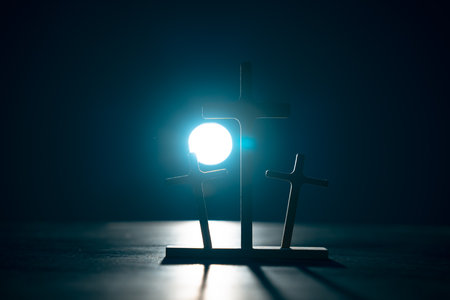 Three Wooden Crosses in Light: Symbol of Resurrectionの写真素材