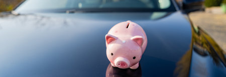 The piggy bank on the hood of the carâ¤Saving money to buy a carの写真素材