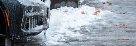 Icy Winter Roads â Dangerous Conditions for Trafficの写真素材