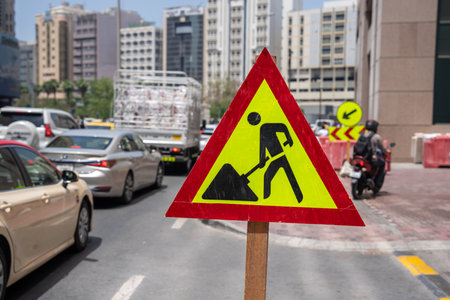 Construction Work Sign on Streetの写真素材