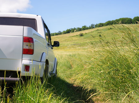 Travel Car Stopped on Green Pathの写真素材