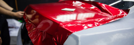 Process of Red Car Vinyl Wrappingの写真素材