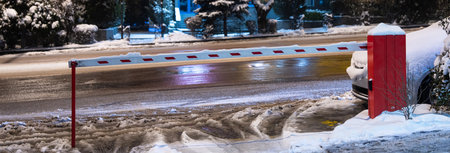 Roadblock in a Wintery Urban Setting Affecting Traffic Flow.