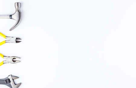 Tools for Repairing top view on white background. Pliers, hammer, Wrench.の写真素材