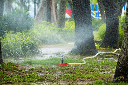 Irrigation system water on a green grass fieldの写真素材