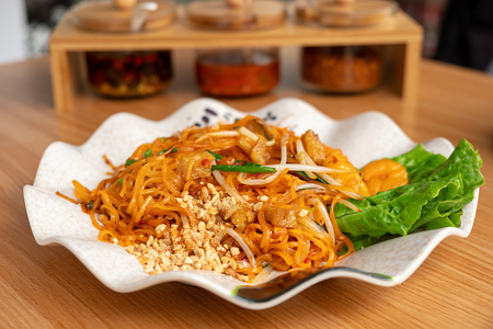 Thai fried noodle with soy sauce with shrimpの写真素材