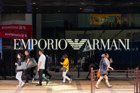 Tsim Sha Tsui, Hong Kong, China - April 09, 2019: Emporio Armani brand logo seen in Tsim Sha Tsui Hong Kongのeditorial素材