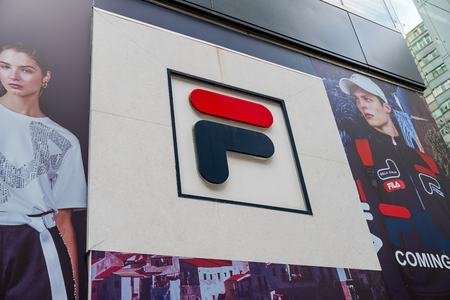 Tsim Sha Tsui, Hong Kong, China - April 09, 2019: Fila brand logo seen in Tsim Sha Tsui, Hong Kong.のeditorial素材