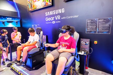 Hong Kong - July 30, 2019: Visitors are seen playing a Samsung Gear VR the 21th ACGHK2019 Ani-Com & Games event in Hong Kong.のeditorial素材
