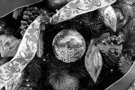 Closeup Christmas tree and decoration with ball background Black and Whiteの写真素材