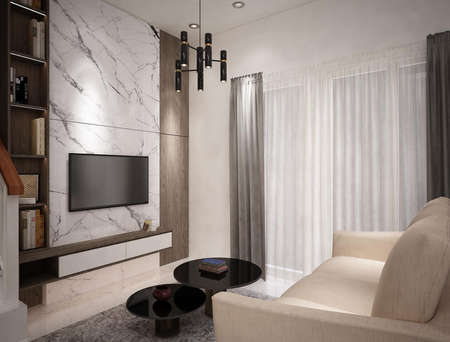 Living room interior with beige armchair and TV on the wall