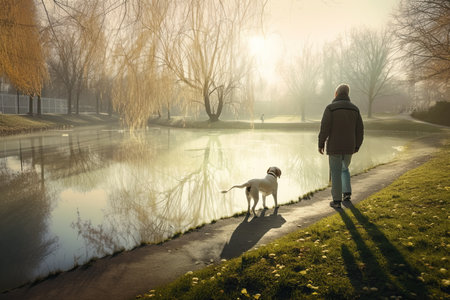 Man walking with his dog in a park by sidewalk on a foggy winter morning. Generative AI.の素材