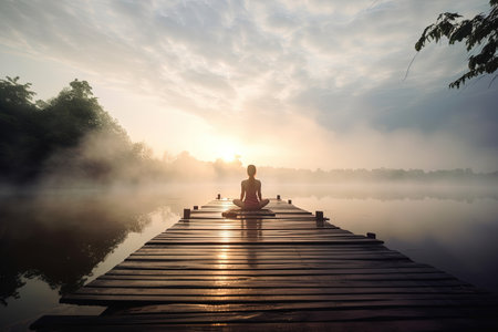 Silhouette of a woman practicing yoga on a wooden pier at sunrise. Generative AI.の素材