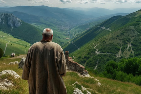 Elderly georgian man looking at the valley in the mountains, back view. Generative AI.の素材