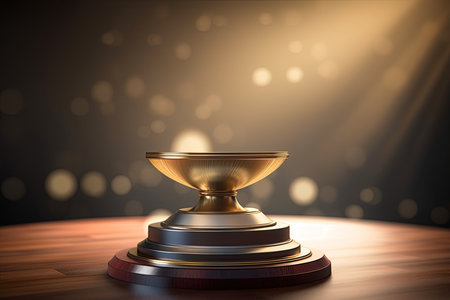 Golden trophy podium on wooden table with bokeh background. Generative AI.の素材