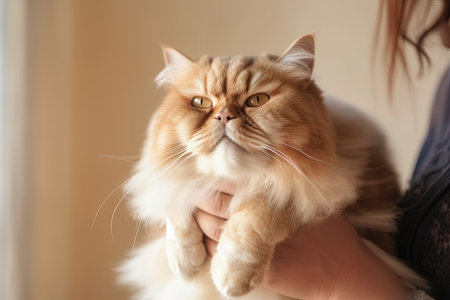 Beautiful Persian cat in hands, closeup. Generative AI.の素材