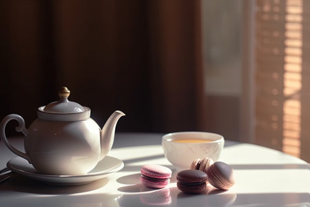 tea and macaroon on the table in morning light.の素材