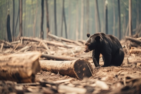 Black bear walking between felled trees in the forest. Stop felling the trees. Save the nature. Generative AI.の素材