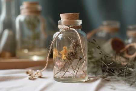 Dried herbs in glass jar on table, closeup. Beautiful home decor. Generative AI.の素材
