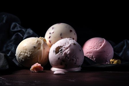 Beautiful balls of tasty ice cream on a black background. Close up food display, cafe summer menu. Generative AI.の素材