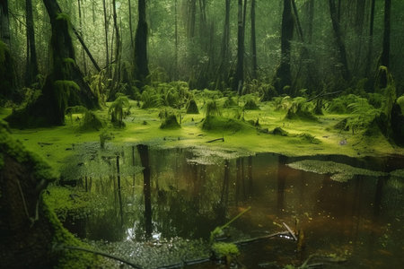 Beautiful green forest with a swamp in the middle of the forest. Generative AI.の素材