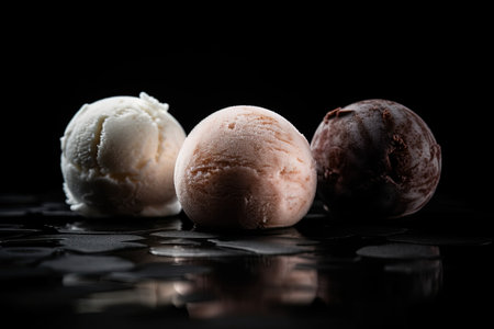 Ice cream scoops on a black background, close-up. Generative AI.の素材