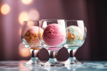 Delicious ice cream in glasses on table against blurred lights, closeup, Summer. product presentation. Generative AI.の素材