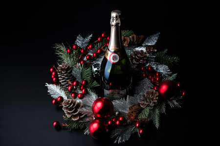 Champagne bottle with christmas wreath decoration on black background. New Year, Christmass. Generative AI.の素材
