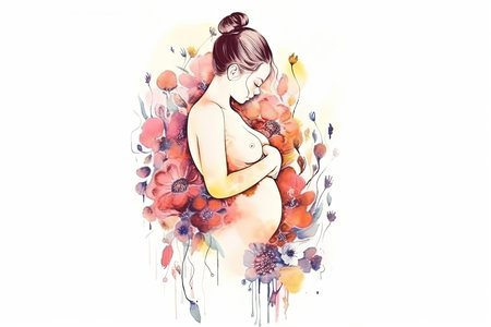 Pregnant woman with flowers, international mom, woman day. Hand drawn watercolor illustration isolated on white background. Generative AI.の素材