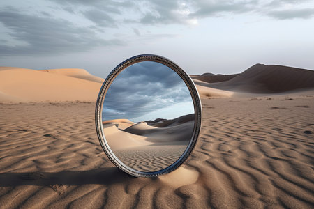 Mirror in the sand dunes of desert, art trendy photo, creative.の素材