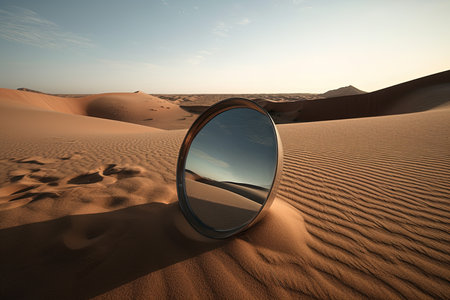 Reflection in the mirror of the dunes in the middle of desert.の素材